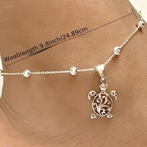 Sea Turtle Anklet Beads Dangle Beach Vacation Summer Fun Silver Boho Minimalist - Picture 4 of 4